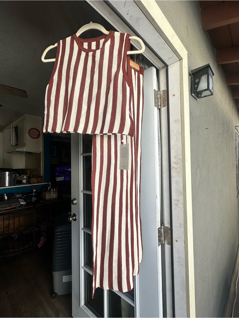 Striped Wide-Leg Knit Pants and Top (set) in Burgundy & White - Picture 6 of 7